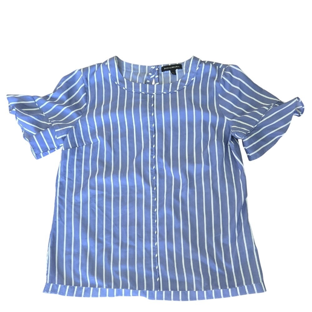 Banana‎ Republic Blue White Striped Ruffle Sleeve Blouse Top Large